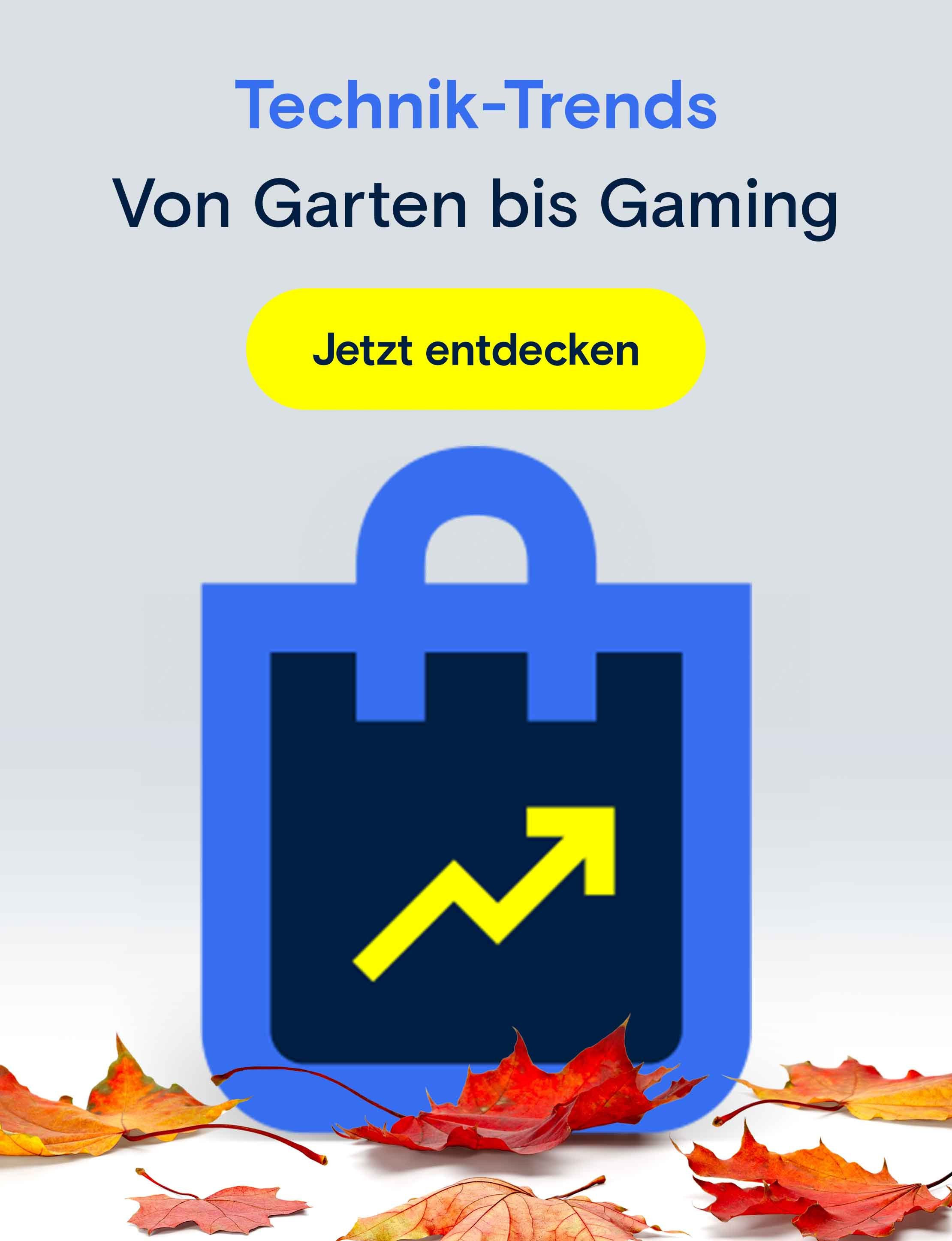 Herbstliche Grafik mit bunten Blättern, einem stilisierten Einkaufsbeutel mit Aufwärtspfeil und dem Text 
